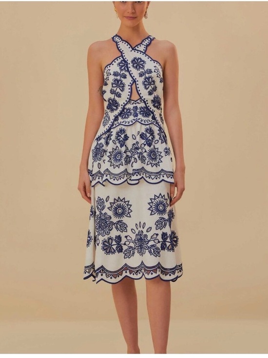FARM Rio Dresses & Skirts - White and Navy Embroidered Halter Midi Dress Farm Rio NWT